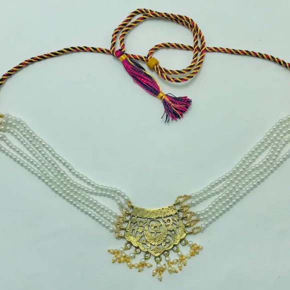 Pearls Beaded Chain Necklace With Big Golden Metal Motif, Handmade Beaded - Picture 3 of 12